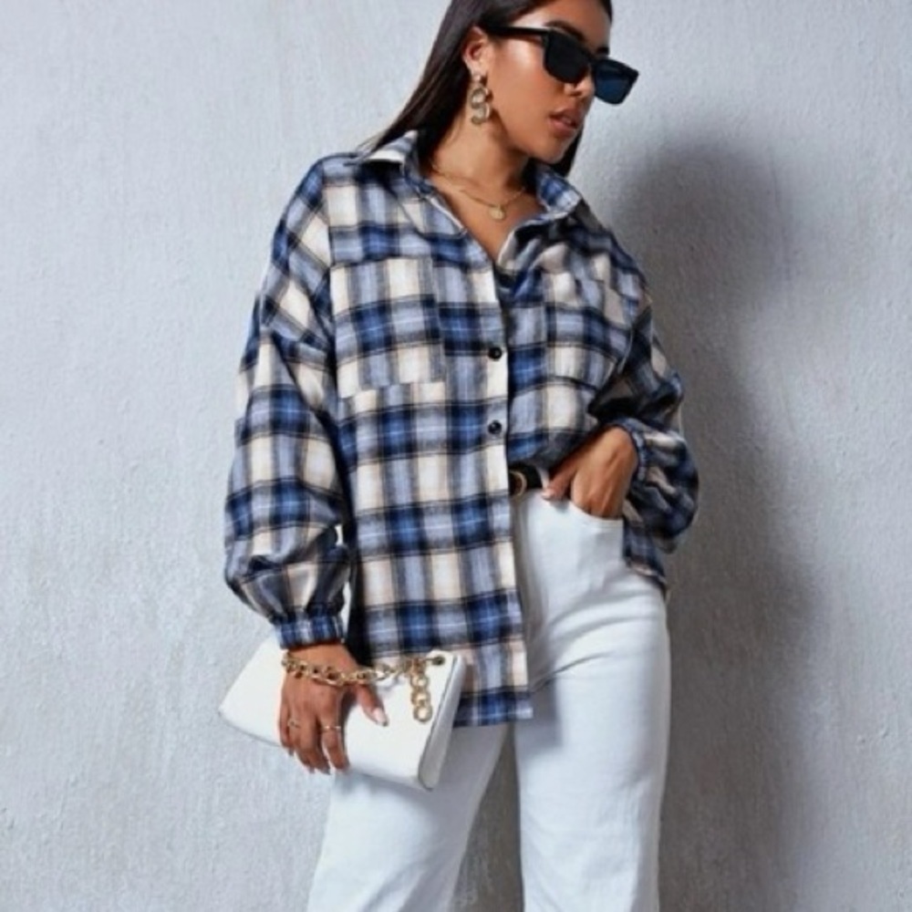 SHEIN | Pocket Patched Drop Shoulder Tartan Over Shirt Size Medium